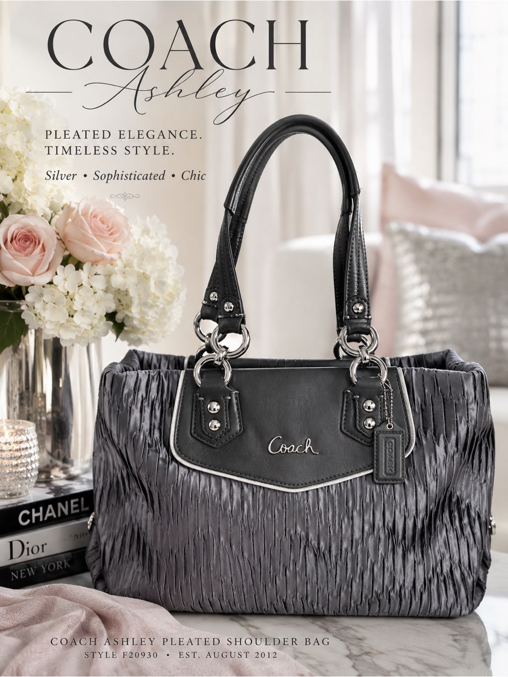 Coach 2012 Ashley  F20050 Pleated Patent Trim Tote Bag in Silver Mauve-Pink